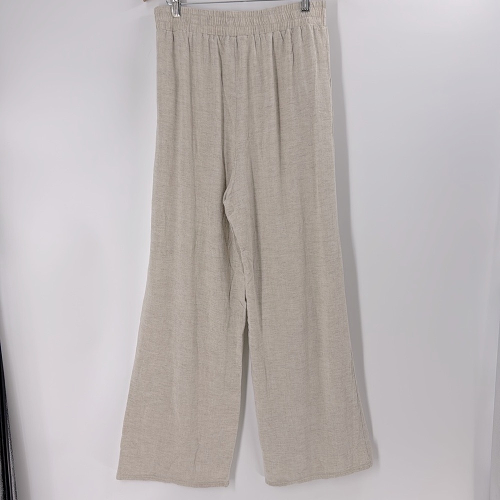 Linen blend beige flowing wide leg relaxed fit summer pants 2 pockets